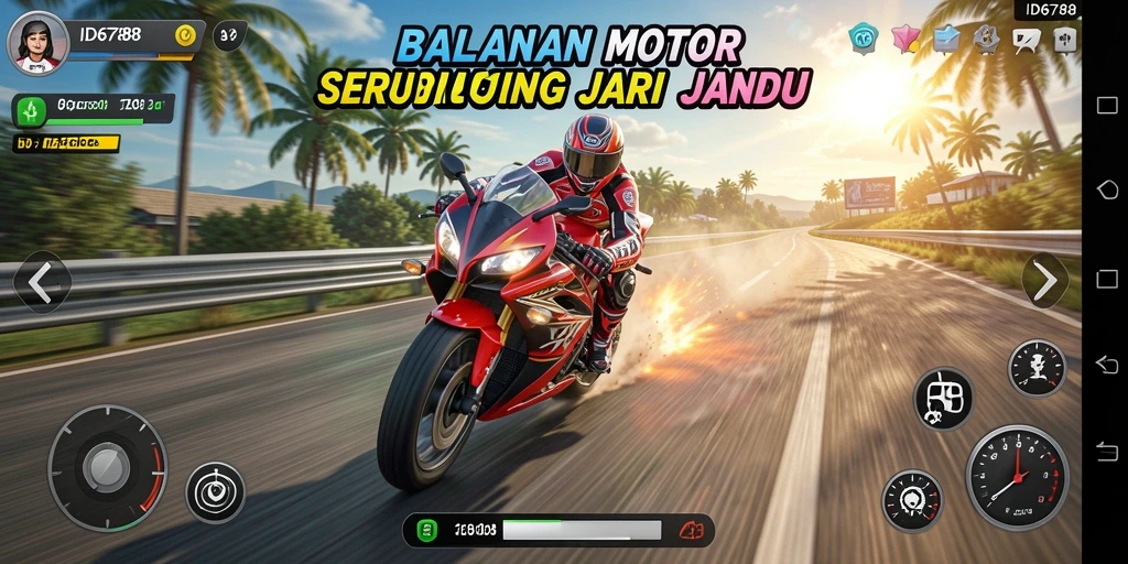 Screenshot gameplay ID6788 menampilkan balapan motor yang seru dan mendebarkan.