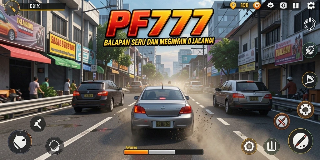 Screenshot gameplay PF777 menampilkan balapan seru di trek yang menantang.